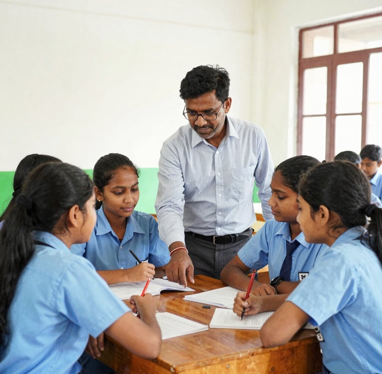 A bright, natural daylight medium shot of local high school students in Andhra Pradesh actively collaborating around a wooden desk, a mentor guiding them, warm editorial photography, 35mm