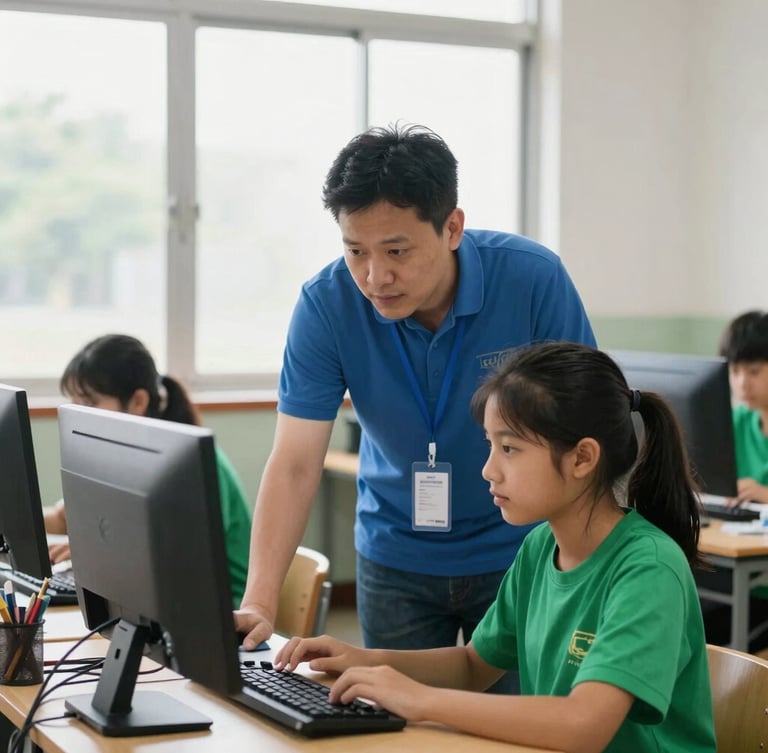 A local mentor guiding a student on a computer in a bright classroom setting, natural window light, authentic community focus, 35mm