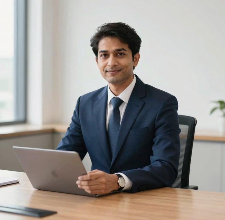 Professional financial advisor in a clean Delhi corporate boardroom, bright natural daylight, crisp navy blue and warm tones, sharp focus, professional editorial style.