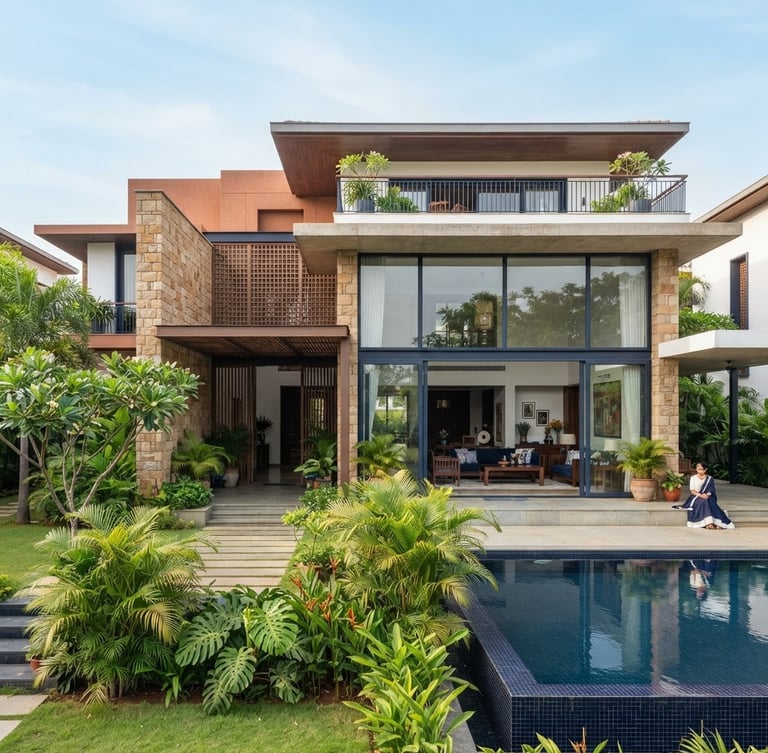 Medium-wide environmental shot of a modern, luxury Indian residential villa with clean architectural lines, bright natural daylight, sharp focus, professional editorial style.