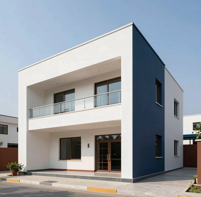 Modern Indian architectural home with clean lines, bright daylight, premium corporate photography style