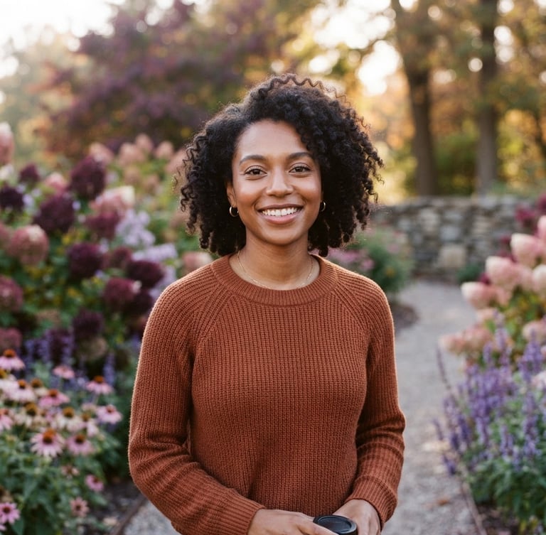 Warm editorial portrait of a young adult in Indiana looking forward with a confident smile, natural daylight, rich plum tones, shallow depth of field