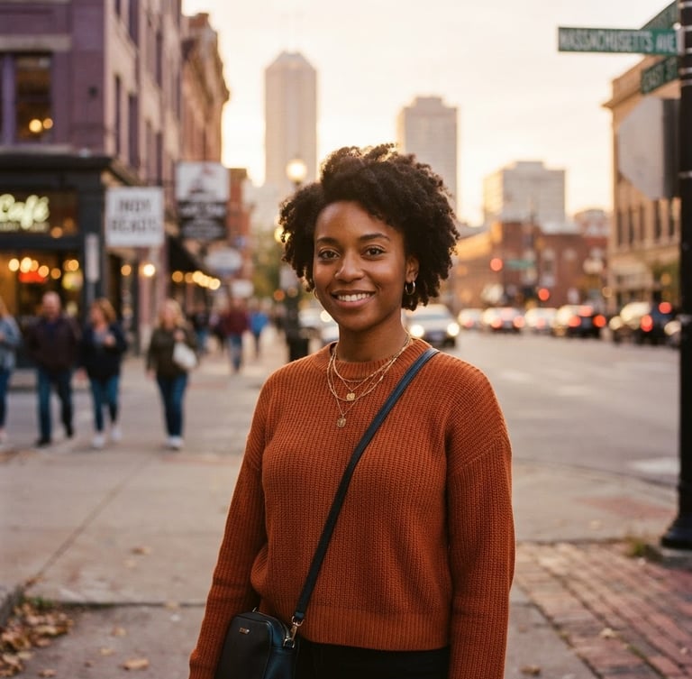 Warm editorial portrait of a young adult standing confidently on an Indianapolis street corner at golden hour, shallow depth of field, rich tones.