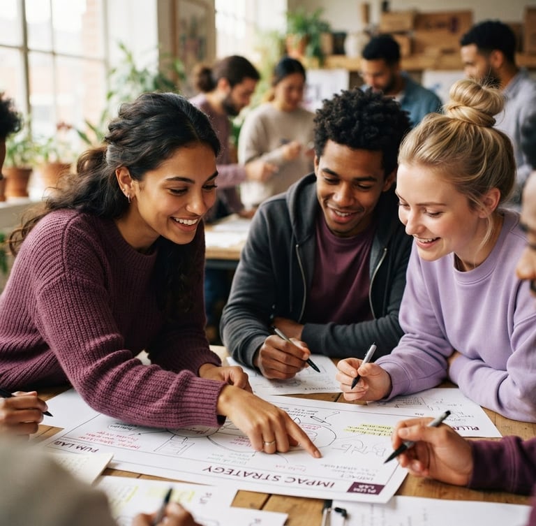 Dynamic close-up of young adults in a collaborative workshop, warm natural daylight, rich plum accents, focused expressions, shallow depth of field