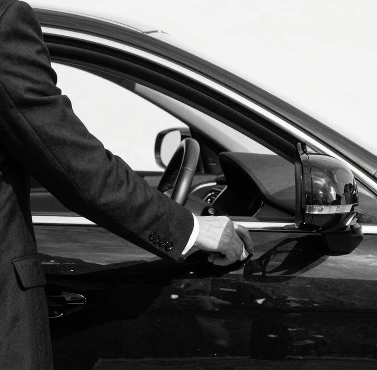 Tight macro shot of a driver in a sharp dark suit opening a polished black sedan door, high-contrast natural light, sharp shadows, desaturated black and white tones