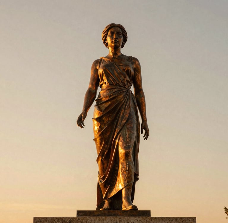 Low-angle warm editorial photograph of the Eliza Tibbets bronze monument in Riverside against a soft golden-hour sky, rich terracotta tones, 35mm film texture.