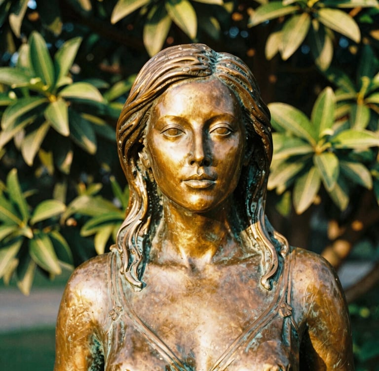 A warm golden-hour close-up of the Eliza Tibbets bronze statue in Riverside, highlighting the rich metallic texture and green citrus leaves in the background, 35mm film texture.