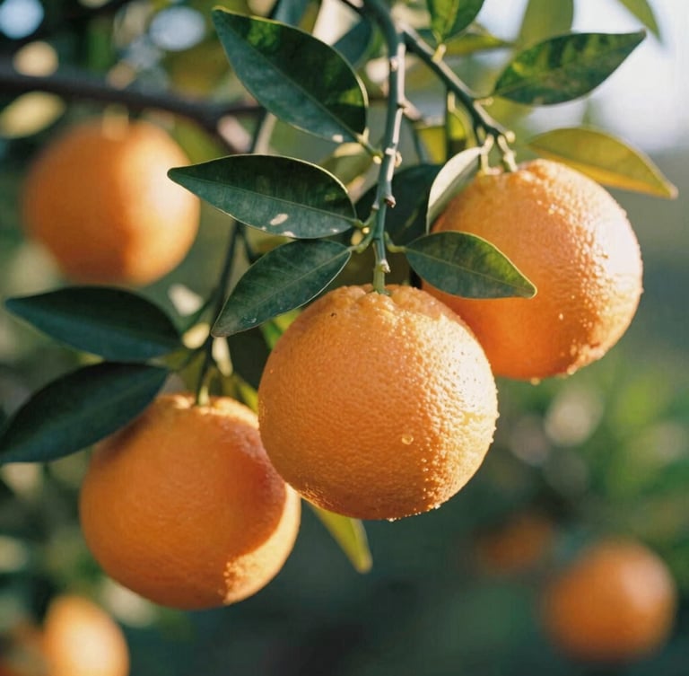 Close-up of ripe navel oranges hanging from branches with vibrant green leaves, warm sun-drenched backlight, shallow depth of field, 35mm film texture.