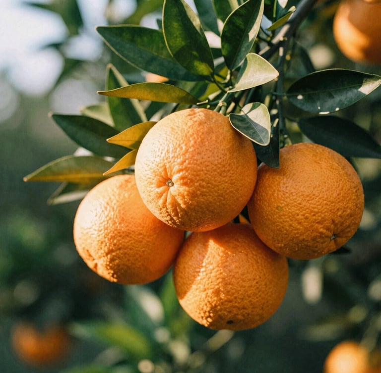 A close-up of sun-drenched navel oranges hanging from a branch with lush green leaves, golden hour light, 35mm film texture