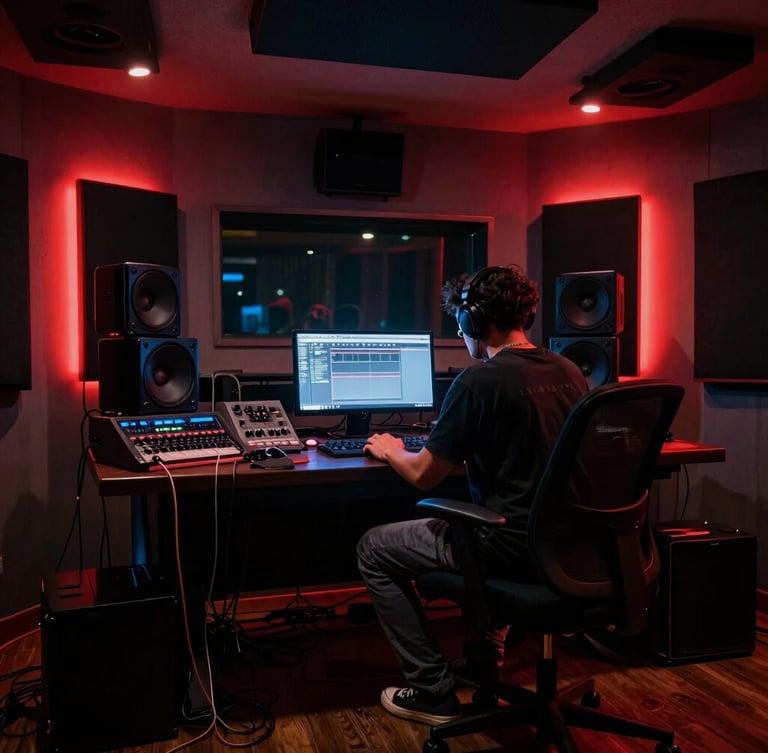 Gritty urban photography of a music producer in a dark Coyoacán recording booth under dramatic neon red lighting, low-key high-contrast, wide-angle cinematic lens