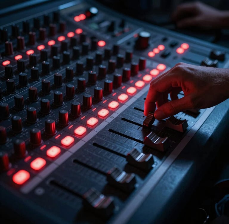 Close-up of an analog mixing console with glowing red LEDs, hands adjusting a fader, moody shadows, high-contrast dark tones, cinematic lens.