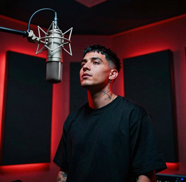 Low-angle heroic portrait of a Latin trap artist in a recording booth, dramatic neon red backlighting, matte black acoustic panels, professional condenser microphone, gritty urban photography.