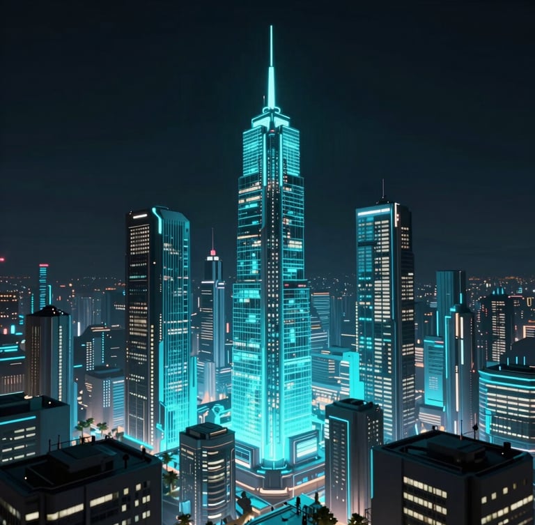 A wide cinematic environmental shot of a futuristic cyber city at night, with glowing cyan and electric blue digital grids overlaying sleek architectural structures, dark obsidian background, ultra-detailed 3D render.