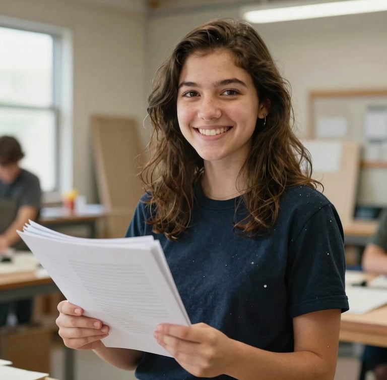 A hopeful portrait of an Indiana student in a bright, naturally lit workshop environment, holding a professional portfolio, shallow depth of field, warm tones, 35mm