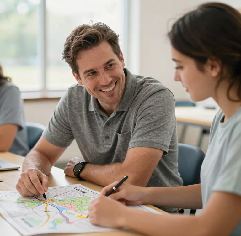 A hopeful portrait of an Indiana career coach and student reviewing a career map together in a bright, natural daylight room.