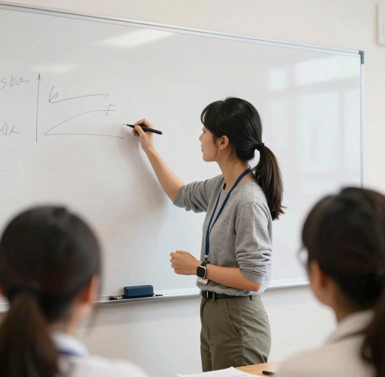 Medium shot, natural daylight, a focused student writing on a whiteboard during a workplace communication workshop, bright and hopeful, authentic editorial photography, 35mm.