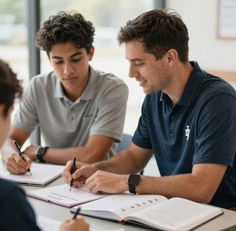 A warm, natural light photograph of an Indiana career coach and a student sitting together at a table, discussing a career roadmap with open notebooks, shallow depth of field, 35mm.