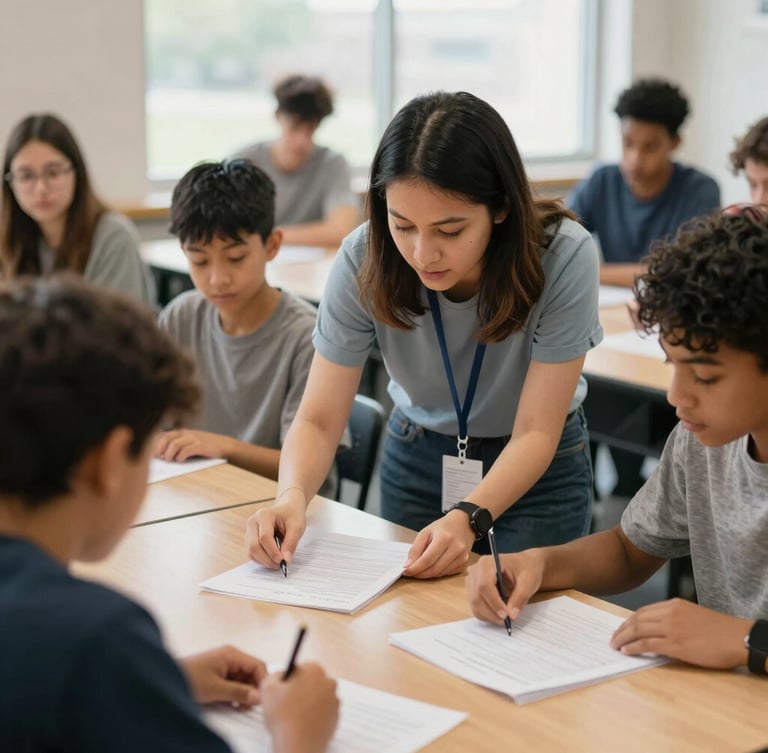 A focused classroom workshop in Indianapolis with a mentor guiding diverse adult students over printed training materials, natural window light, warm hopeful tones, shallow depth of field