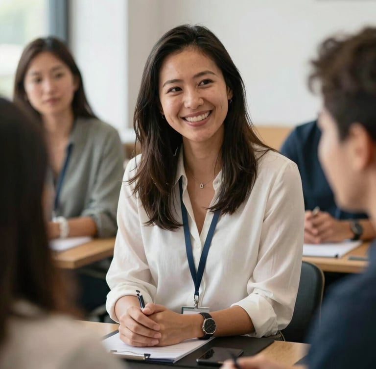 A candid medium shot of a diverse female career coach smiling warmly during an interview preparation session, natural daylight.