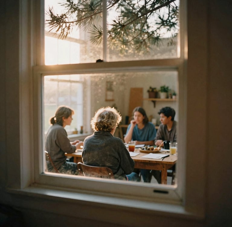 Warm editorial photography of a cozy workshop space in Georgia, soft golden-hour window light filtering through pine branches outside, unposed community members in quiet conversation in the background, 35mm film aesthetic.