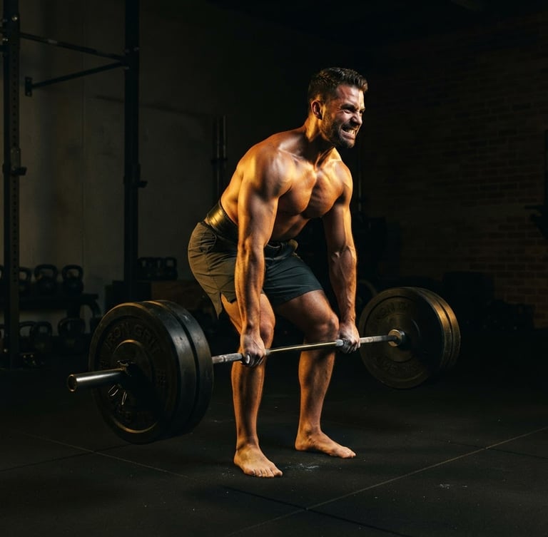 Wide portrait of a strong, confident man performing a heavy lift in a minimalist gym, dramatic low-key lighting with golden highlights, deep shadows, cinematic crop.