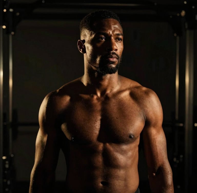 Portrait of a strong, confident black man in a minimalist gym, looking reflective, dramatic low-key lighting with warm golden highlights, cinematic crop.