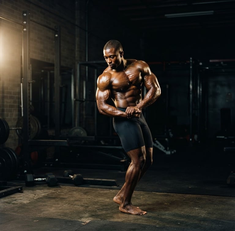 Dramatic portrait of a strong, confident black male natural bodybuilder, mid-pose, in a minimalist gym with chiaroscuro lighting and golden highlights, focused and reflective, muscular physique, wide shot showing gym space, cinematic 35mm film.