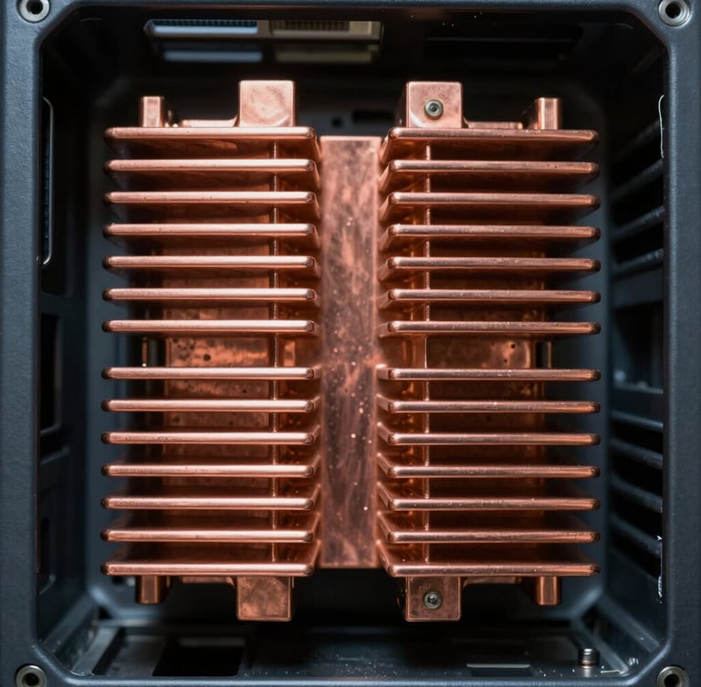 Symmetrical macro photograph of copper heat sinks inside a server chassis, dramatic industrial lighting, deep shadows, high-contrast matte metallic textures.