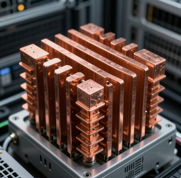 Extreme macro close-up of copper heat sinks and clean rows of server racks inside an industrial data center, dramatic high-contrast lighting.