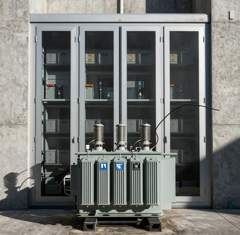 Symmetrical architectural perspective of a concrete data center exterior, heavy electrical transformers in the foreground, stark high-contrast industrial light, dramatic shadows