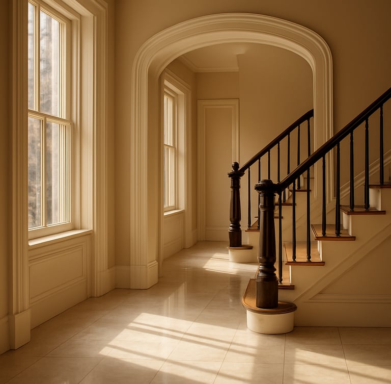 A bright, sun-drenched architectural interior of a Boston brownstone with polished marble floors, clean lines, soft morning light streaming through tall windows, warm editorial style, 35mm lens