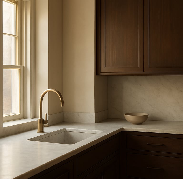 Warm editorial interior photography, soft natural morning light on honed marble surfaces and custom dark millwork, minimalist Boston townhouse aesthetic, 35mm lens.