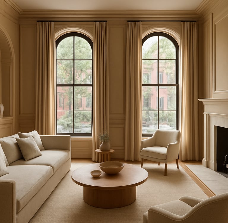 Wide-angle architectural interior photography of a sun-drenched Boston brownstone living room, towering windows, honed marble fireplace, custom millwork, soft natural morning light, 35mm lens.