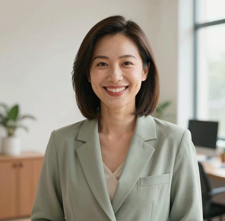 Warm portrait of a professional female nutritionist in a bright office, smiling warmly, wearing a soft sage blazer, natural lighting, editorial 35mm photography