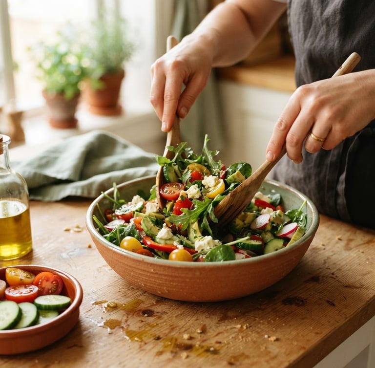 Una persona mezclando una ensalada fresca de huerto con rúcula, tomates y queso feta en un bol grande de cerámica.
