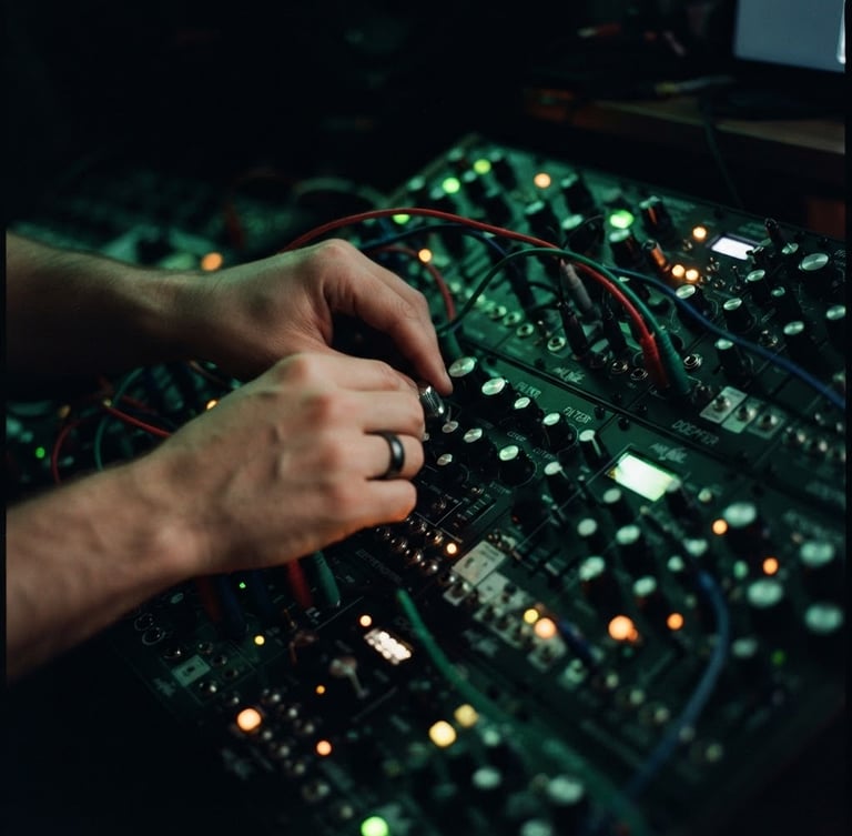 Tight shot of hands on a modular synthesizer, glowing LED indicators, shallow depth of field, atmospheric editorial photography, deep shadows with vibrant cyber-green accents.