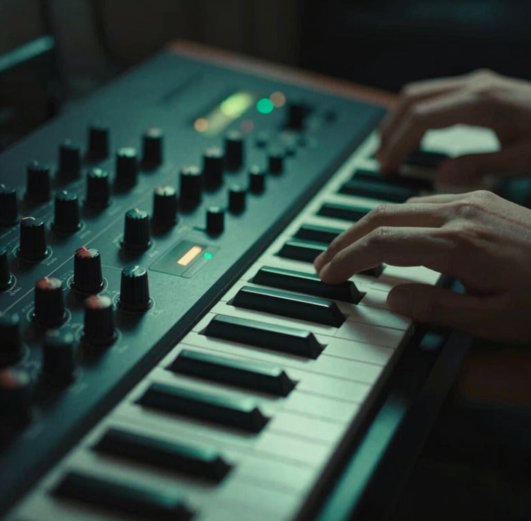 Close-up of hands adjusting knobs on a vintage synthesizer, glowing screen light, shallow depth of field, deep shadows with vibrant cyber-green accents.