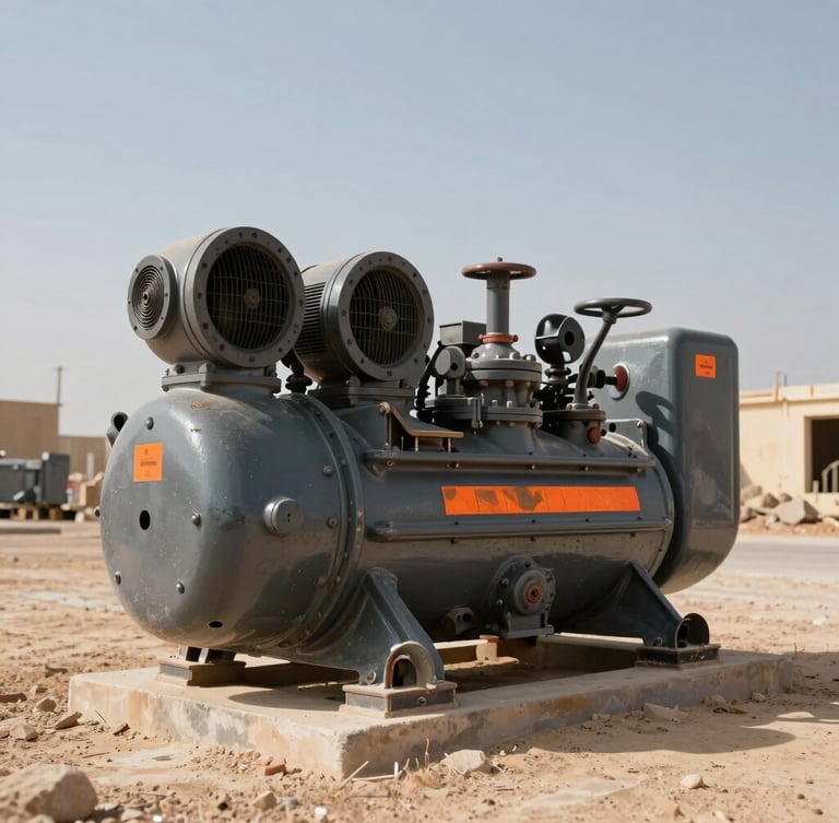 Low-angle shot of a heavy industrial air compressor parked on a dusty Saudi construction site under harsh, direct midday sun, high contrast, orange safety markings visible on the machinery.