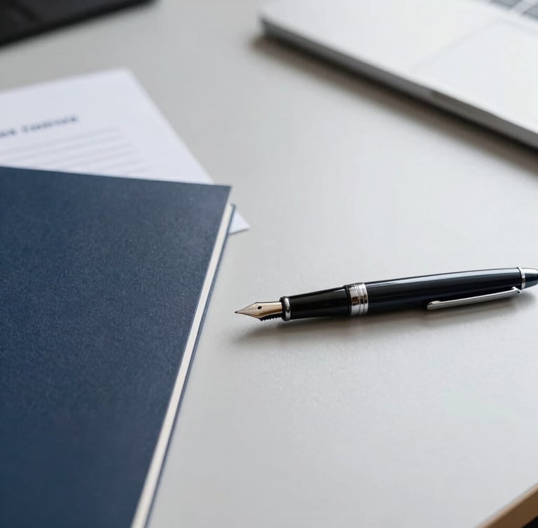Close-up of signed contracts and a high-quality fountain pen on a clean slate grey desk, bright neutral daylight, minimalist corporate setup.