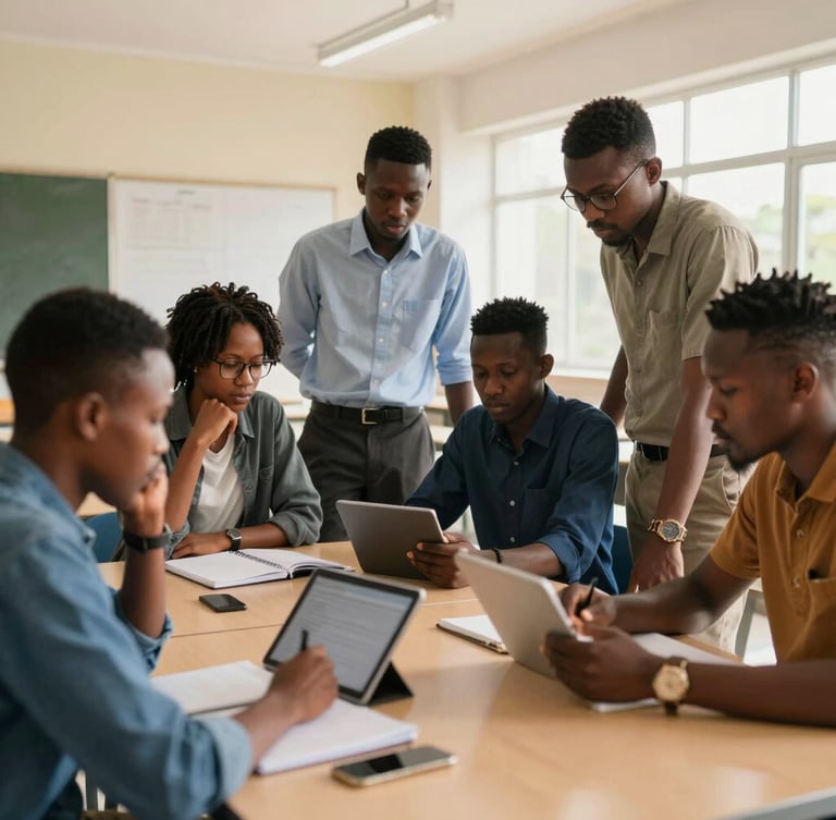 Wide shot of a modern brightly lit classroom in Abidjan, young West African professionals actively collaborating around a table with notebooks and tablets, warm natural daylight.