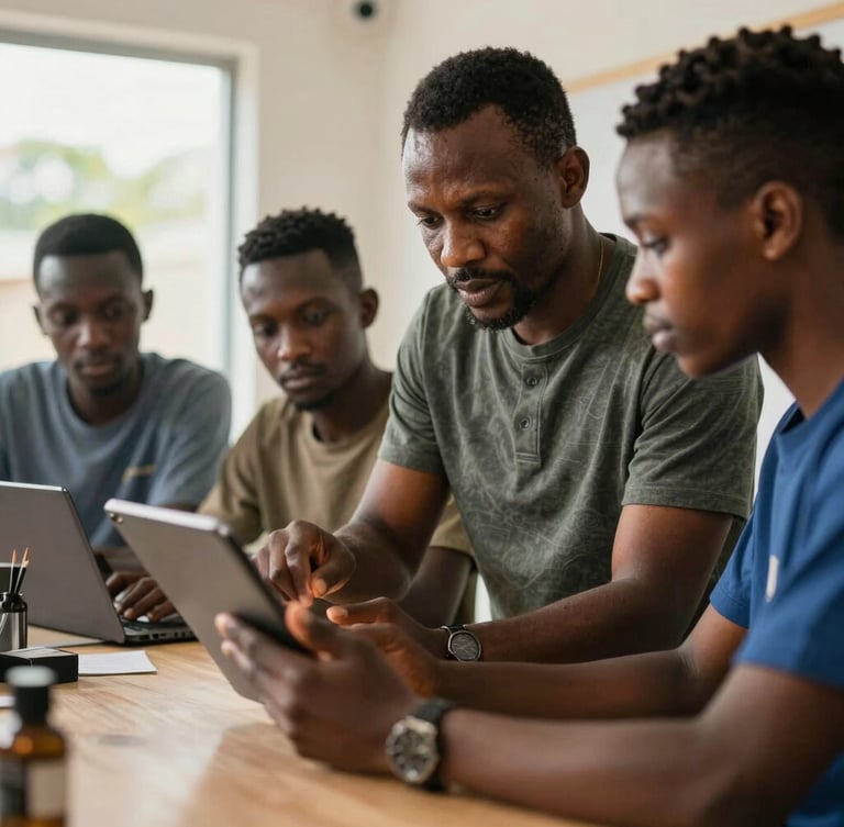A close-up of a modern professional workshop in Abidjan, a mentor guiding young Ivorian professionals looking at a tablet, warm natural daylight, focus on active engagement.