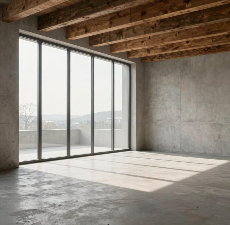 Framing: Architectural portrait vignette. Lighting: Soft morning daylight streaming through floor-to-ceiling windows. Subject: Empty minimalist room with clean concrete textures, wooden beams, and soft shadows on the floor. No people, no clutter.