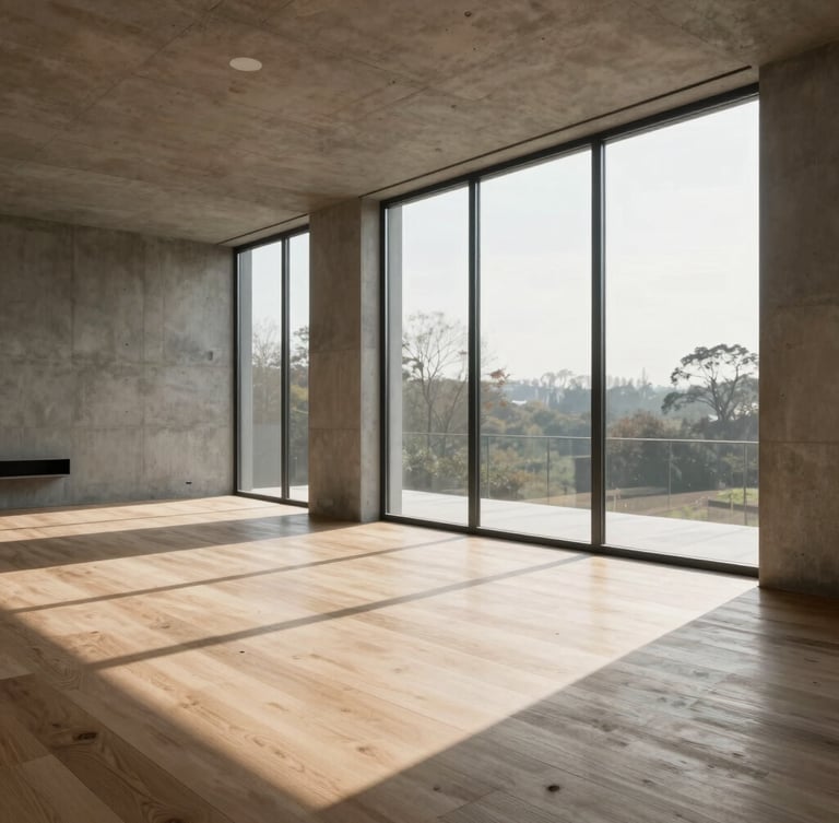 Wide architectural shot of a minimalist concrete living room with floor-to-ceiling windows, soft morning sunlight casting long shadows on oak floors, editorial styling