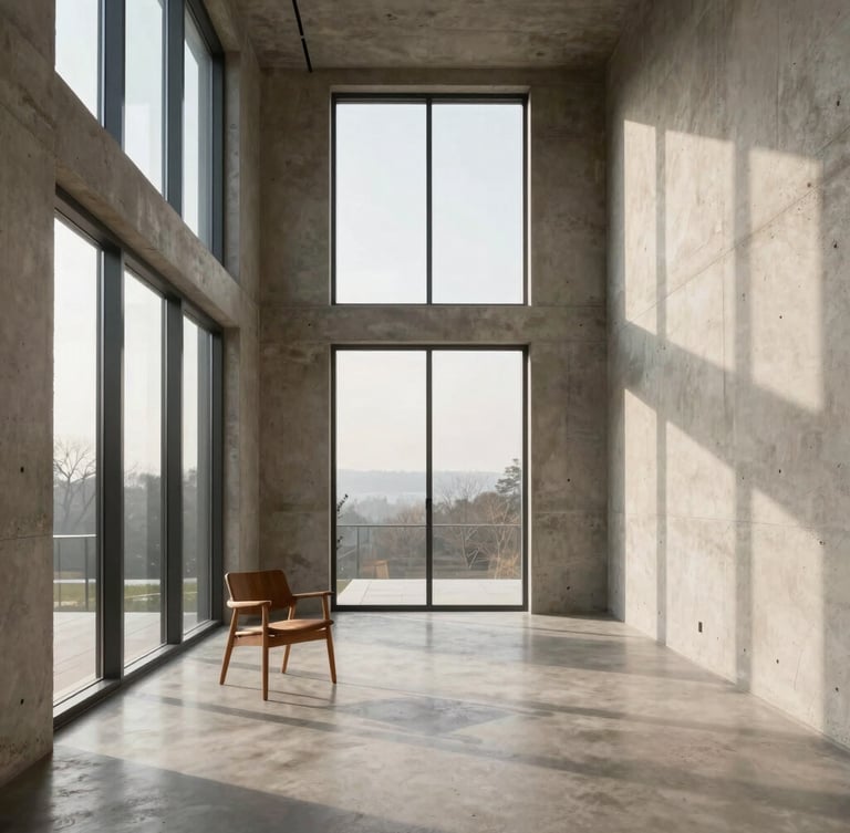 Wide-angle architectural interior of a sunlit living room with raw concrete walls, a single wooden chair, floor-to-ceiling windows showing soft morning daylight, vertical lines respected.