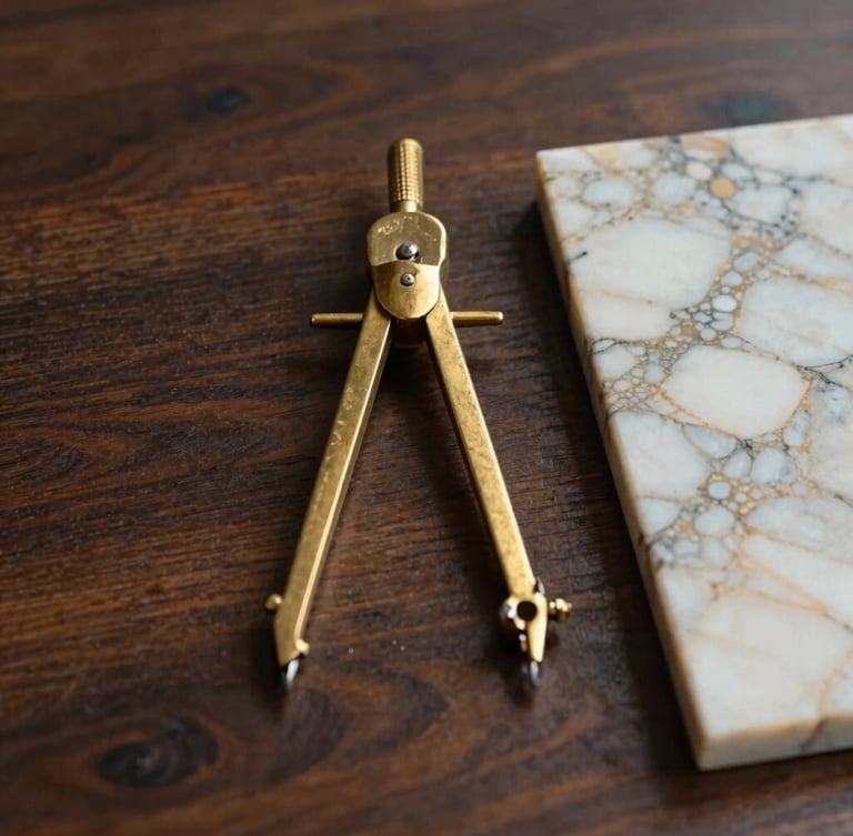 Plano arquitectónico detallado extendido sobre una mesa de madera oscura, un compás de latón y muestras de mármol a un costado, luz natural lateral enfocando las texturas.