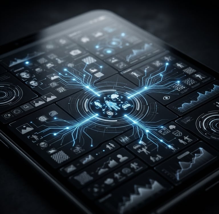 Portrait macro shot of a sleek digital interface displaying real-time image categorization, high-contrast monochrome with electric blue glowing lines, crisp studio light.