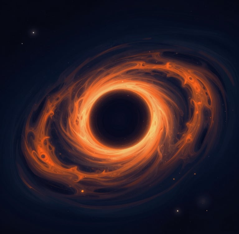 A highly detailed, semi-realistic digital illustration of a glowing black hole accretion disk, deep space background, vibrant orange and deep navy blue gas swirls