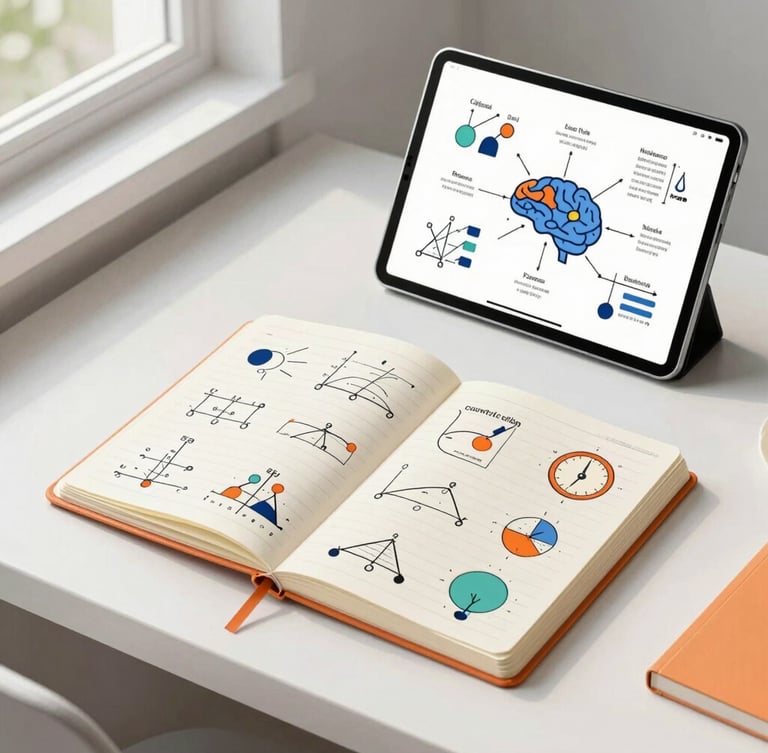 Top-down view of a clean study desk with an open physical notebook showing neat colorful physics diagrams, a modern tablet displaying a mental map, soft natural window light, organized aesthetic