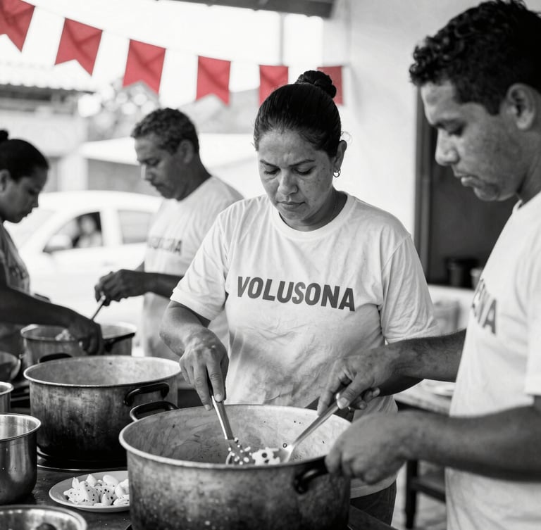 Documentary portrait of community kitchen volunteers in Rio de Janeiro preparing meals in a large pot, warm natural light, high-contrast black and white with subtle red flags in the background, authentic 35mm photography.