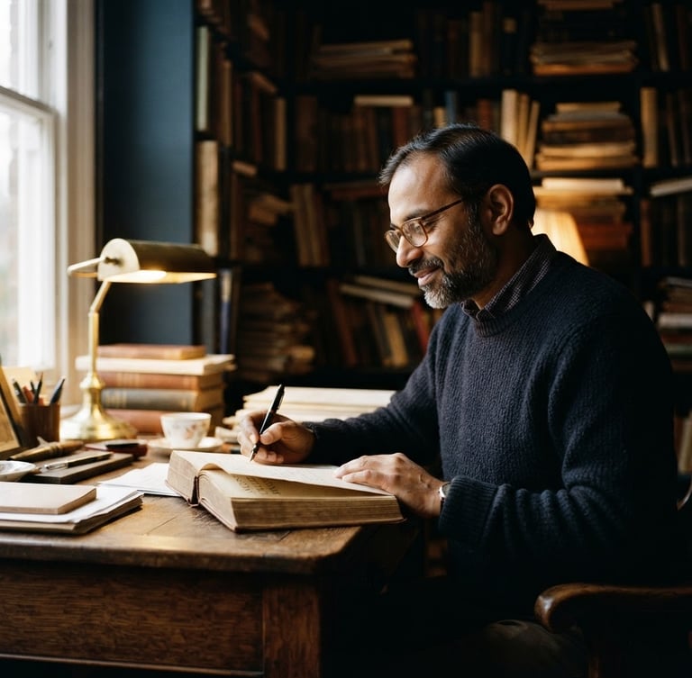 A warm, professional portrait of Basant, a scholar in a sunlit study, low-key moody lighting, deep midnight and brass tones, shallow depth of field, 35mm.